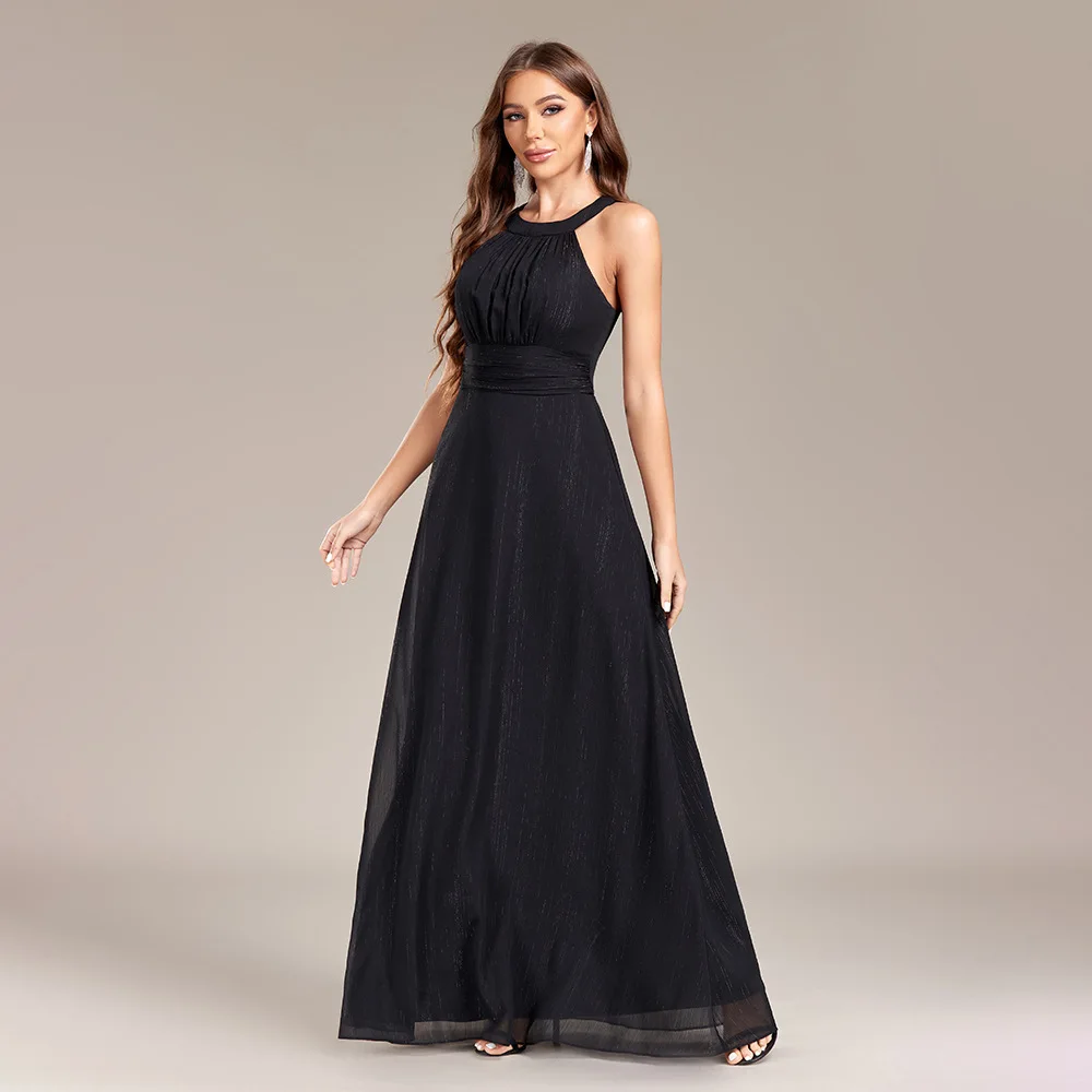 Women\'s New Backless Pleated Waist Party Dress Back Zipper Black A-Line Fully Lined Evening Gown Wedding Bridesmaid Dress Gown