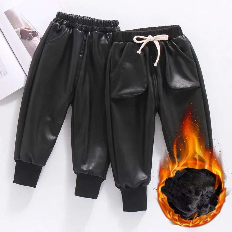 Children Casual Leather Pants Girls Winter Thick Boys Warm Pants Kids Long Trousers Baby Girls PU Pants 2-8 Years