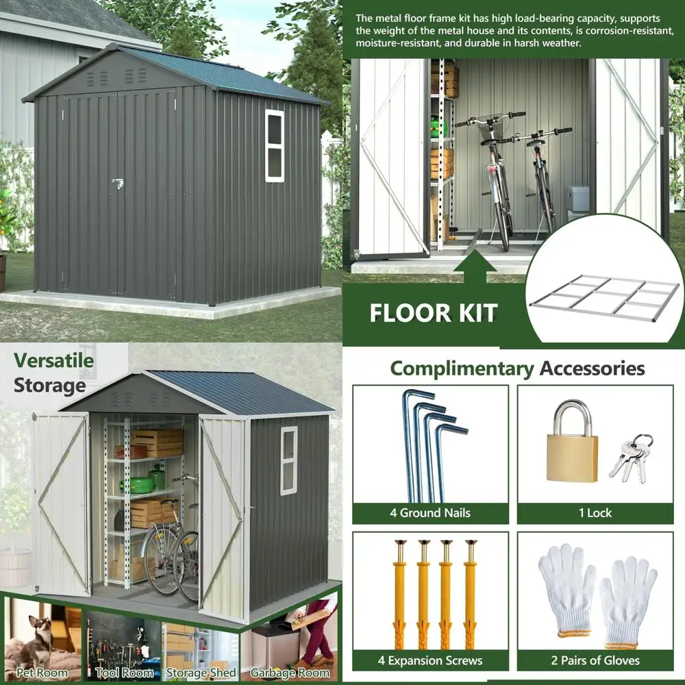 

Outdoor Metal Storage Shed - 6x6 ft Steel Utility Shed with Window and Floor Kit for Garden and Patio Use
