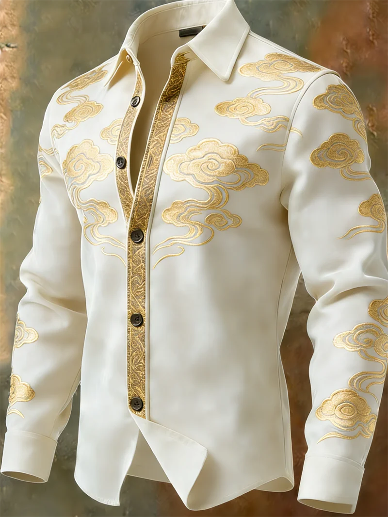 New men's retro multi-color pattern long sleeved shirt with 3D cloud print brown long sleeved casual daily top