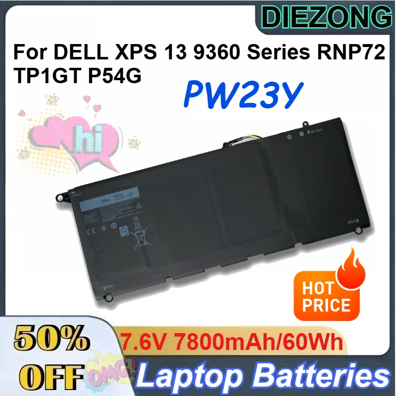 

Аккумулятор литий-ионный перезаряжаемый 7.6V 7800mAh/60Wh PW23Y для ноутбуков DELL XPS 13 9360 Series RNP72 TP1GT P54G