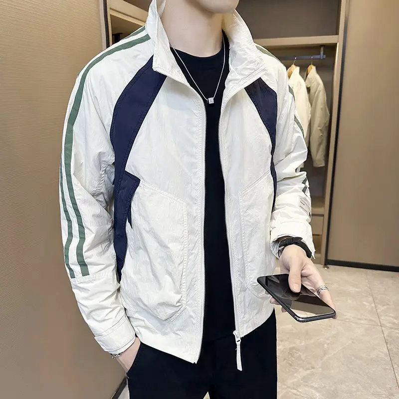 

Korean Trend Versatile Men Autumn Jackets Stand Collar Contrast Color Patchwork Zipper Streetwear Fashion Long Sleeve Coats Tops