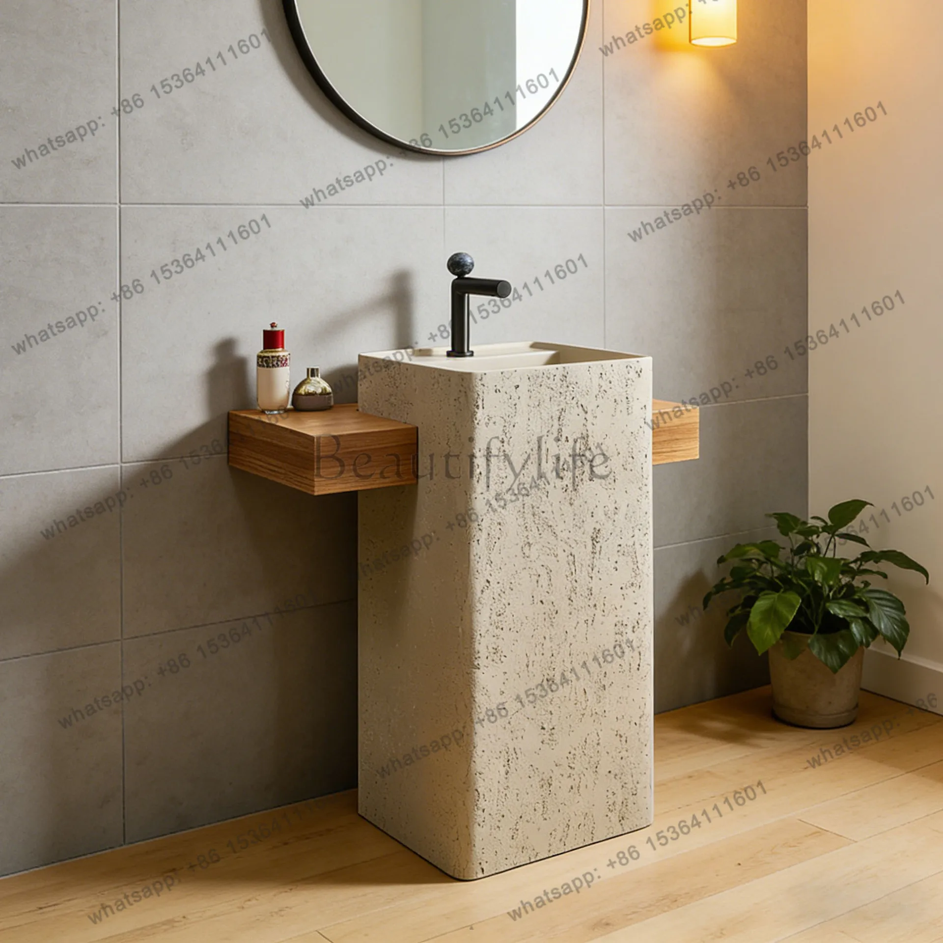 Wabi Sand Wind Beige Travertine Washbasin Hotel B & B Pillar with Countertop Household Outdoor Courtyard Washbasin