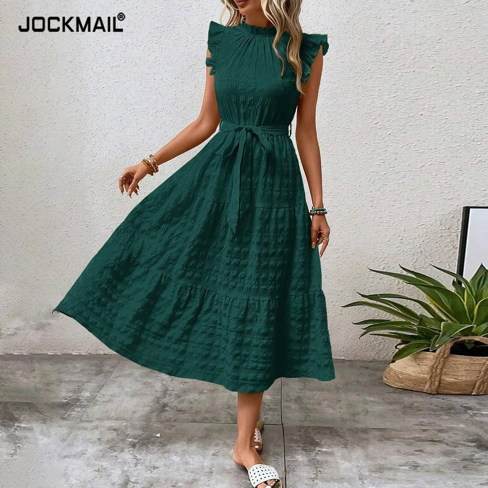 Elegant Dresses For Women 2024 Sleeveless O Neck Ruffle Plead Vacation Dress Long Maxi Dresses Woman Clothing Платье Женское