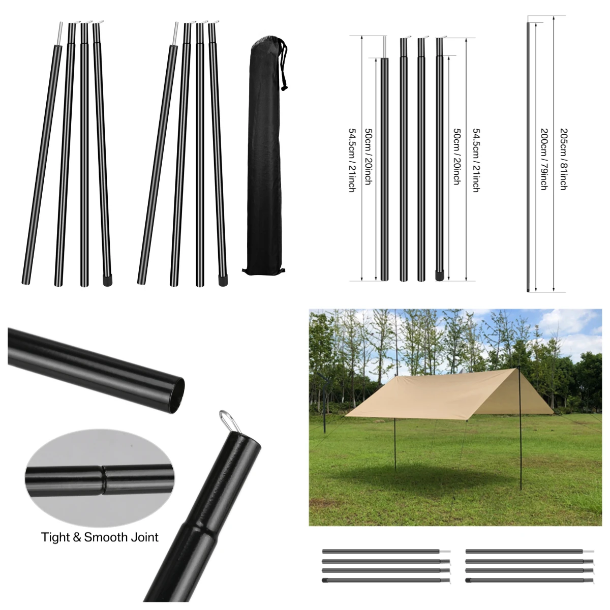 Set of 2 Tent Poles Adjustable Tarp Poles Steel Rods for Tarp Canopy Camping Replacement