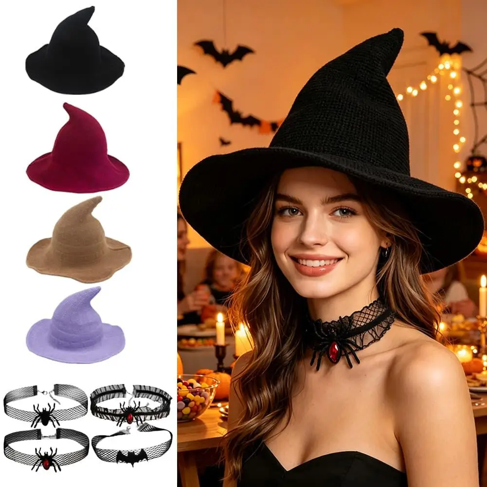 Soft Knitted Witch Hat For Halloween Party Wide Brim Wizard Hat Cosplay Costume Accessory For Holiday Dress Up Sombrero