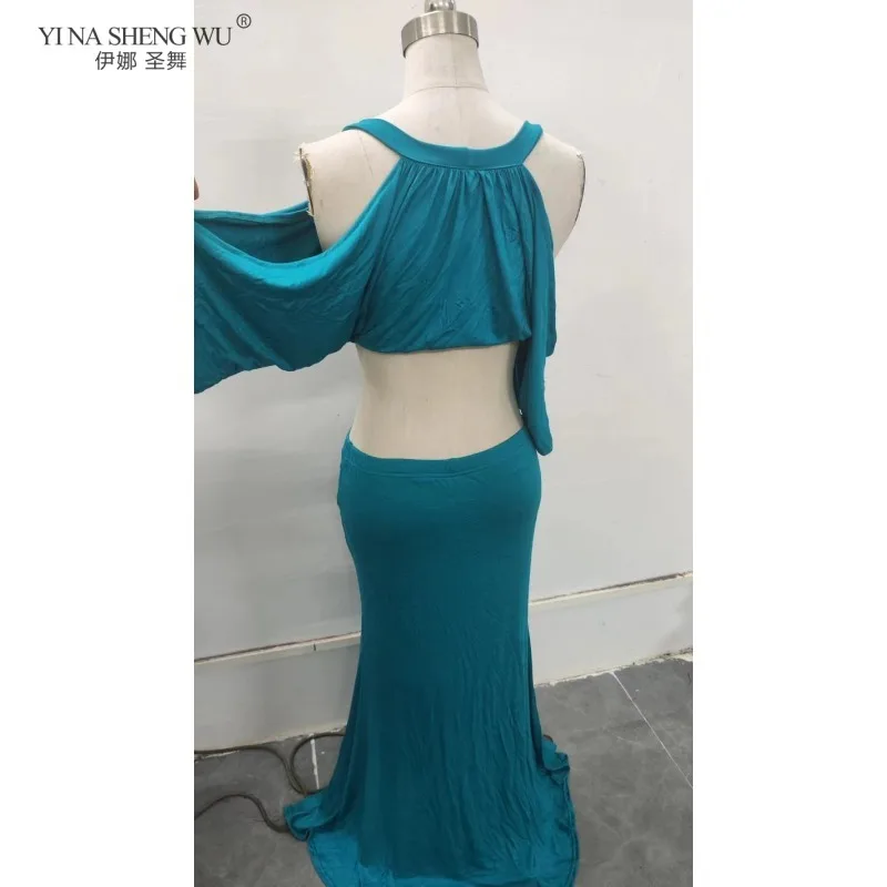 Traje de performance de dança do ventre feminino oriental modal manga morcego vestido dividido prática dancewear para dançarinos femininos roupa de palco