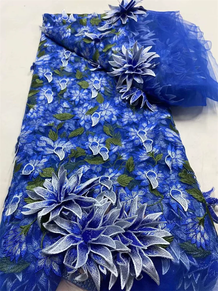 3D Flowers In blue French Lace Fabric 2022 High Quality Lace Net African Lace Fabric With Beads Lace Fabrics For Weddin FD99