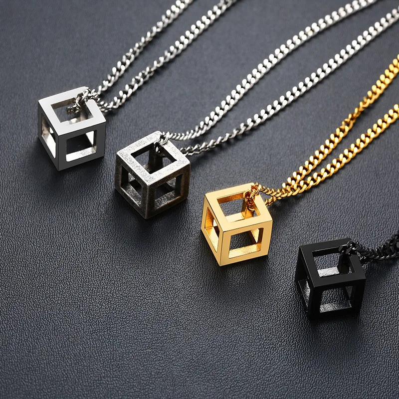 PSJ Fashion Male Jewelry Gold Black Plated Hollow Cube Rubik Design Pendant Stainless Steel Chain Necklace for Men