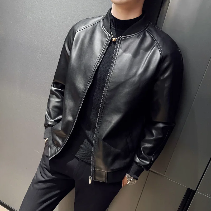 

Faux Leather Cardigan Outerwear Men PU Leather Zipper Jacket Stand Collar Coats Long Sleeve Loose Fit Solid High Street