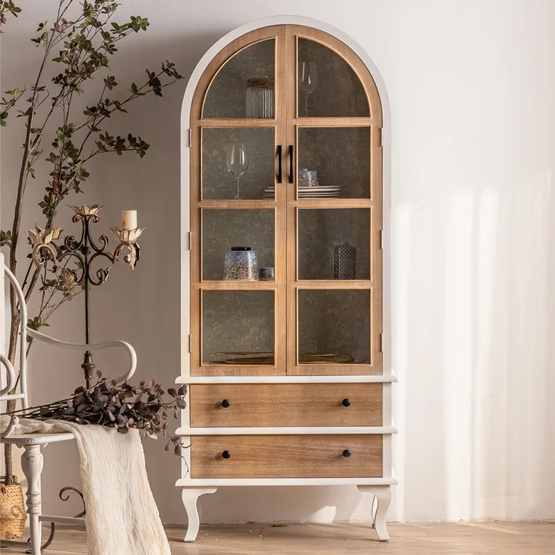 French wall arched glass door side cabinet double door locker retro figure model storage transparent collection cabinet