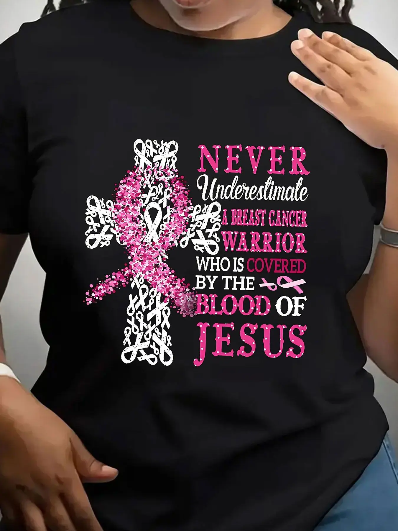 Women's Trendy Crew Neck T-Shirt Pink Ribbon Breast Cancer Warrior Suitable for Casual Sportswear