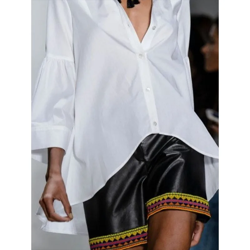 Weißes, lässiges High-Low-Damenhemd 2026, 100 % Baumwolle, lockeres Revers, ausgestellte Ärmel, Bürokleidung, einreihige Blusen und Hemden, Tops 184829