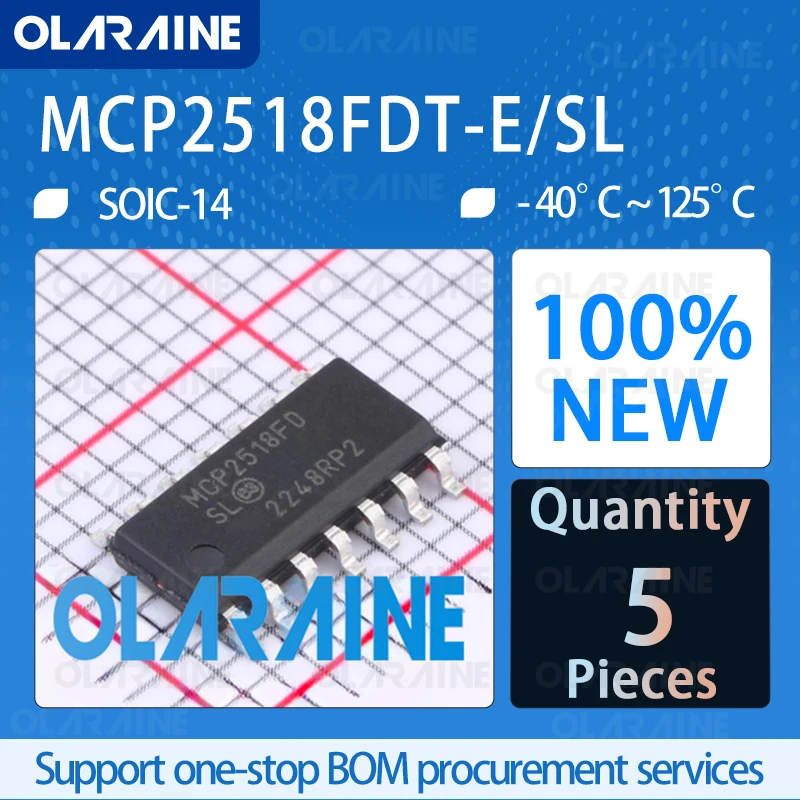 5Pcs MCP2518FDT-E/SL SOIC-14 100%New Original 5.5 V CAN interface integrated circuits Data rate 8 Mb/s ESD 4 kV IC chip circuit