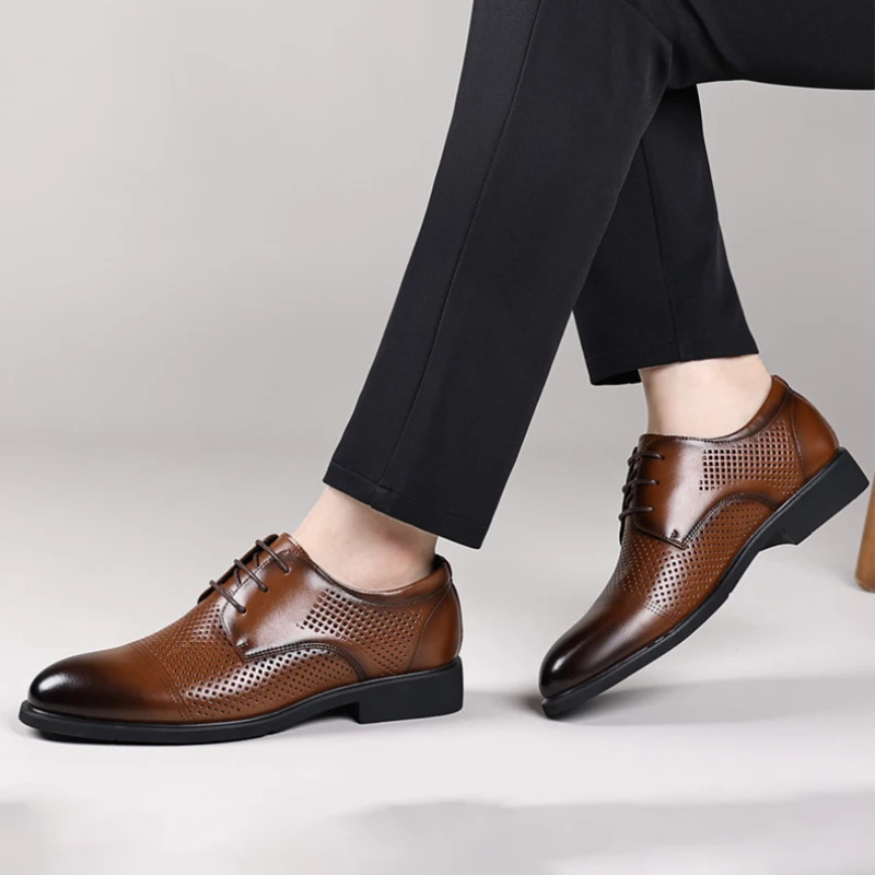 

Brown Burnished Genuine Leather Perforated Lace Up Formal Business Office Breathable Summer Casual Shoes Fashion Breathable