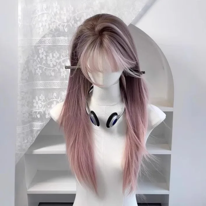 

Wig female bangs dyed pink brown gradual change long straight hair natural full headgear