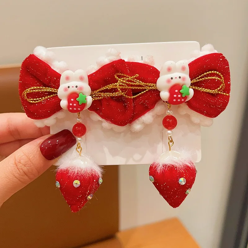 

Chinese Style New Year Hair Clips for Kids: Red Strawberry Rabbit Design, Cute Festive, Perfect for Hanfu Outfits!