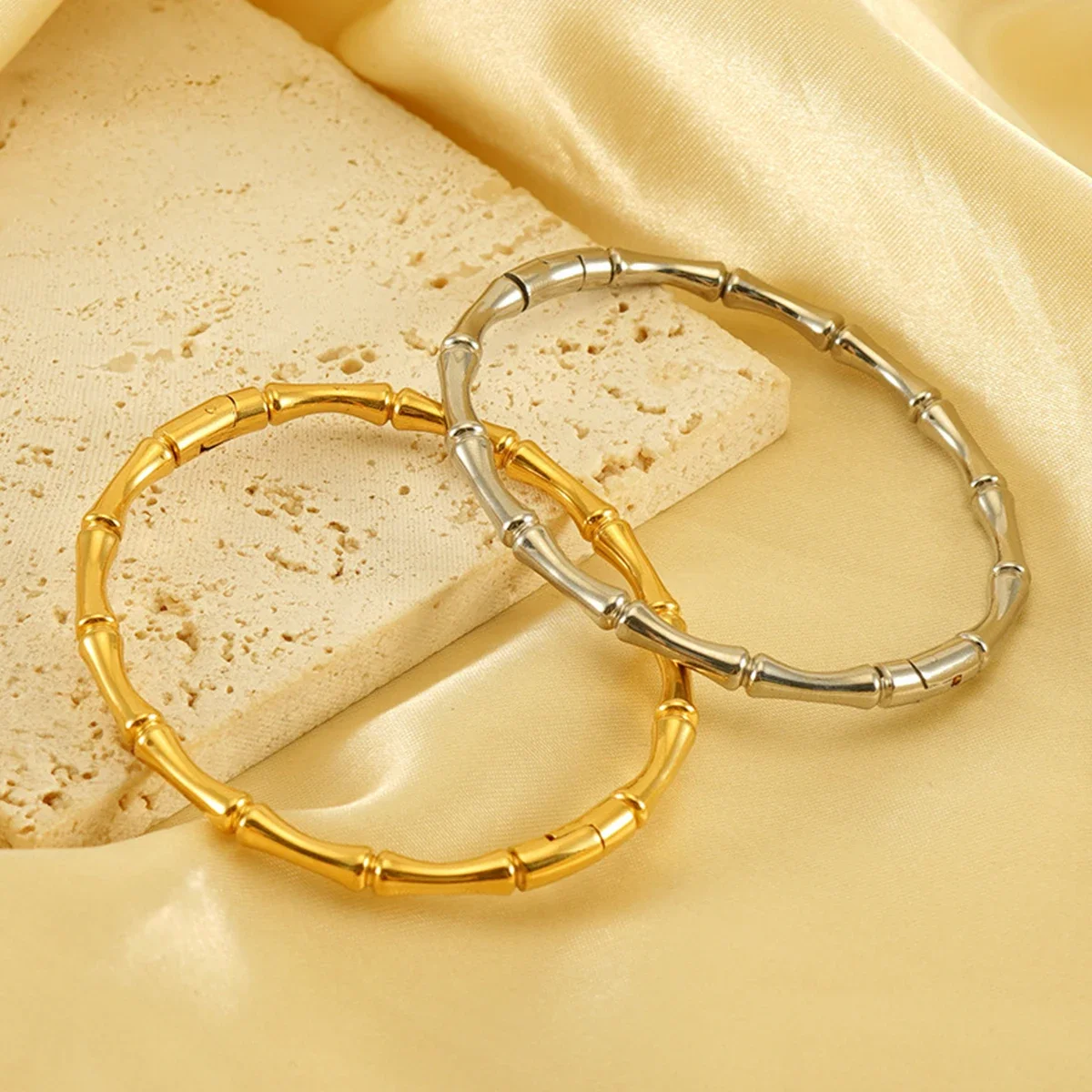 Stainless Steel Gold Color Bamboo Cuff Bracelets Bangles for Woman Wedding Female Luxury Bracelets Jewelry Gift