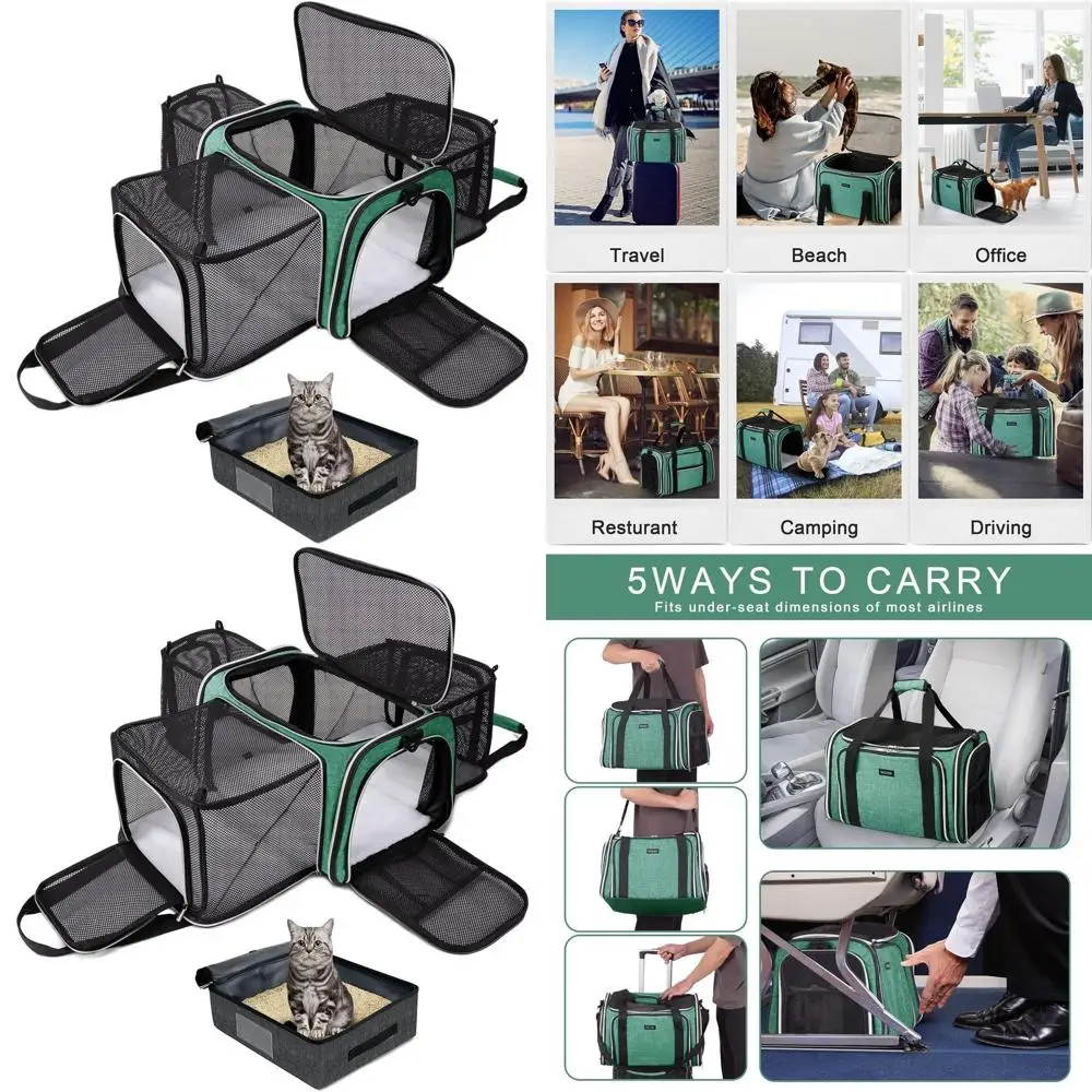 

Collapsible Cat Carrier with Travel Litter Box, 5-Sided Access, Leak-Proof, Ideal for Car and Air Travel, Green