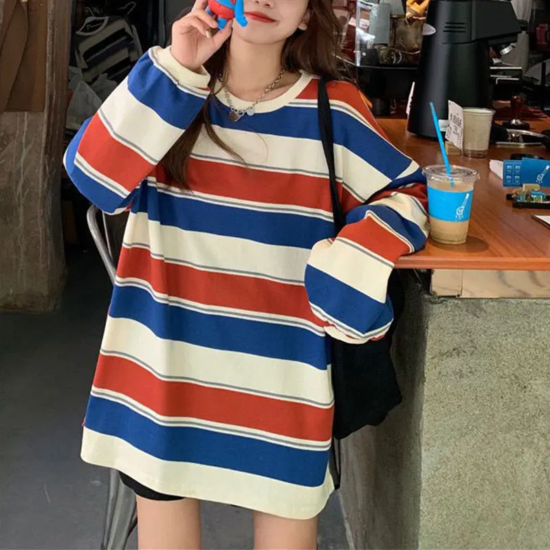 

Women's Autumn Fashion Office Lady Simplicity Striped O-neck Long Sleeve T-Shirt Women Clothes Casual Loose All-match Tops