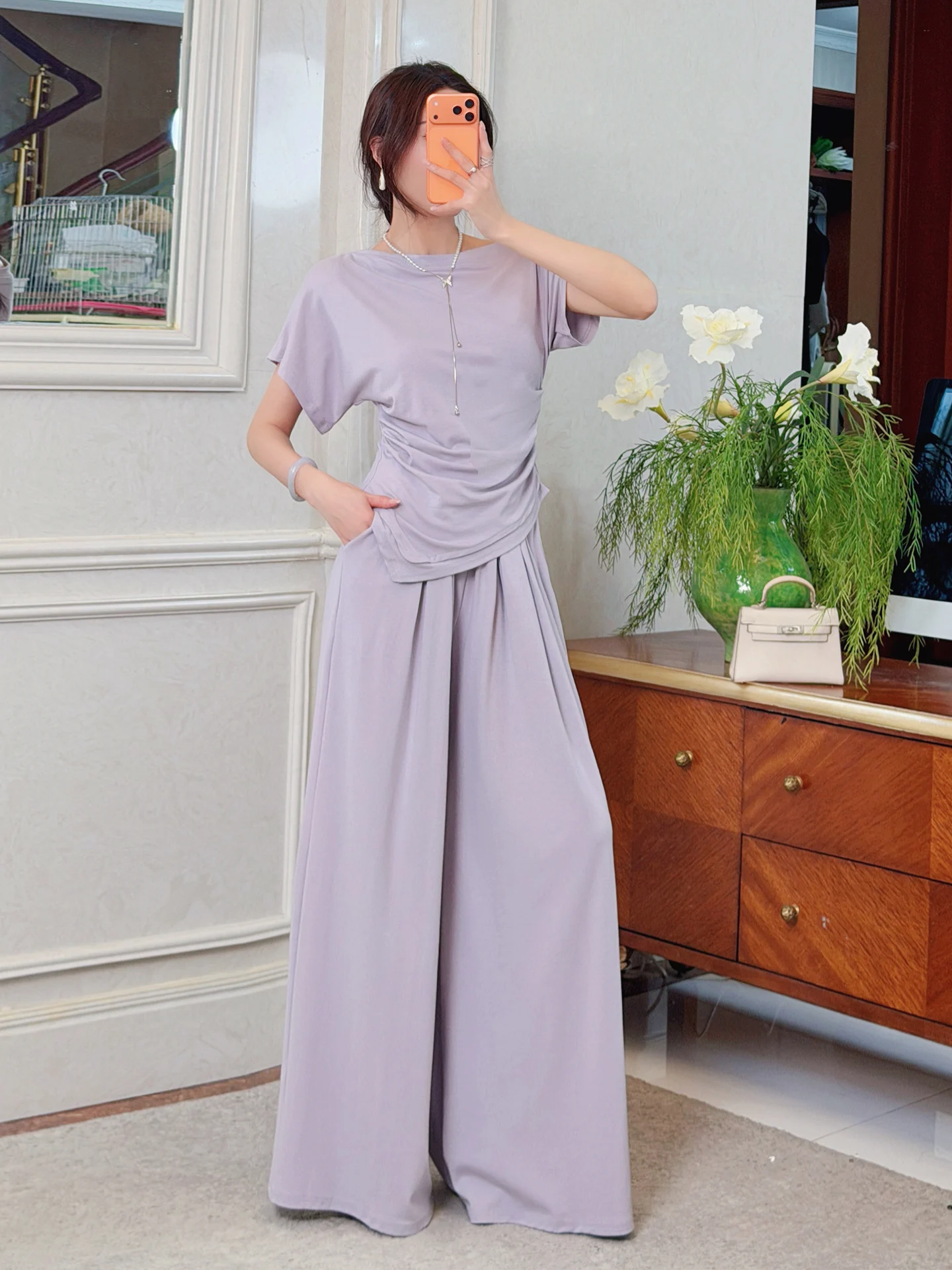 

Casual High Waist Wide Leg Pants Batwing Sleeve One Shoulder Top Women's Fashion Set Short Sleeve T-Shirt Korean Style Spring