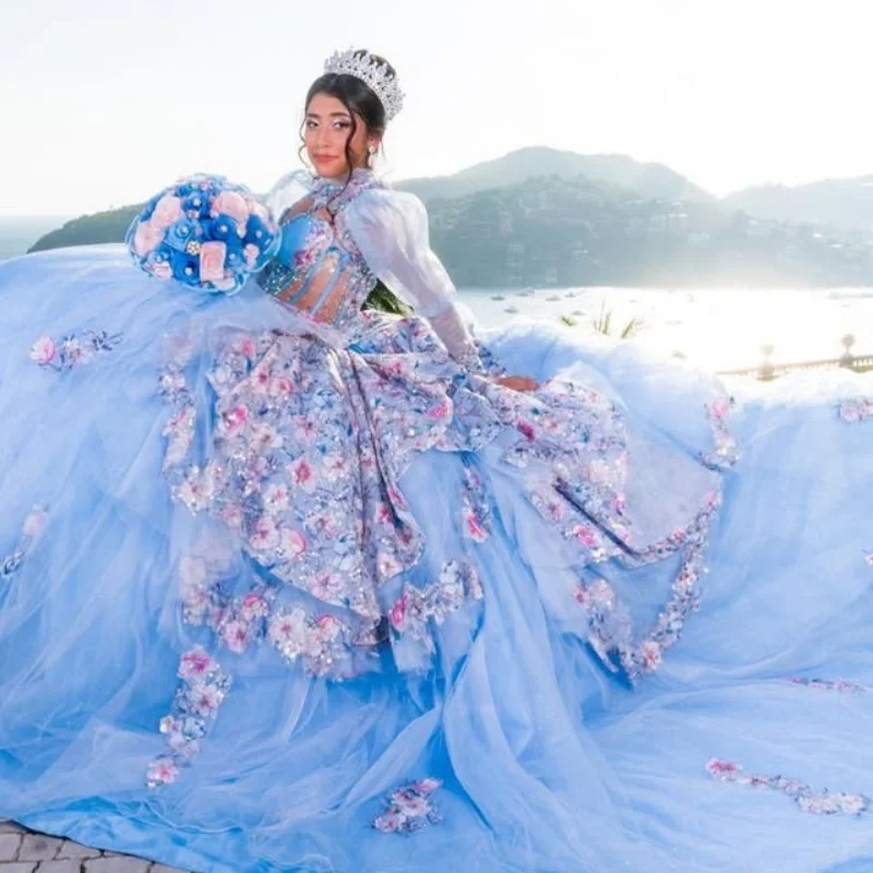 Błękitna suknia Quinceañera z odkrytymi ramionami, kryształkami, brokatem, kwiatowymi aplikacjami, warstwowa, z długim trenem, vestidos de 15 Quinceañera ﻿ Dostosuj