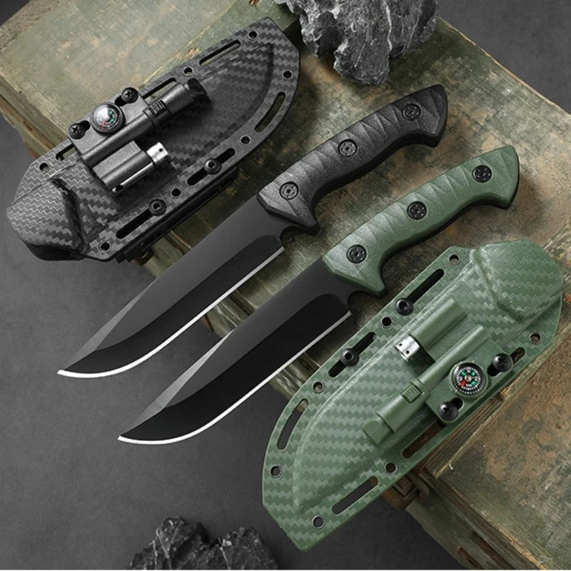 Aço inoxidável exterior Straight Knife, Tactical K bainha, Camping sobrevivência faca, apito bússola, lanterna Faca