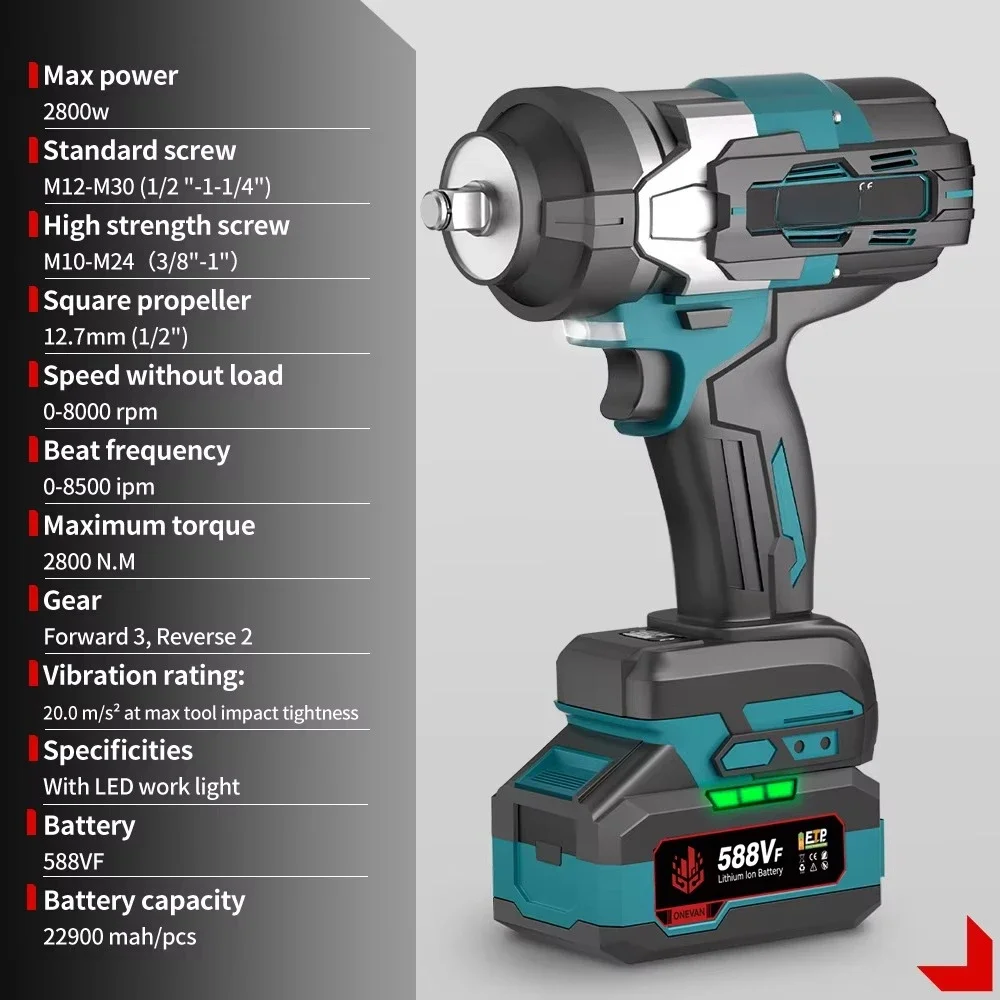 Cordless 18V Brushless Electric Wrench 1700N.m, 3‑Speed with LED Light, Power Screwdriver