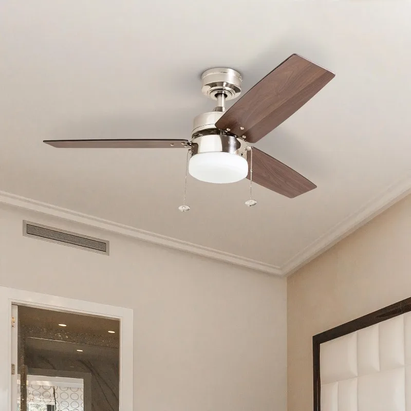 42 Inch Modern Farmhouse LED Ceiling Fan with Light, Pull Chain, Dual Mounting Options, Dual Finish Blades, Reversible Motor