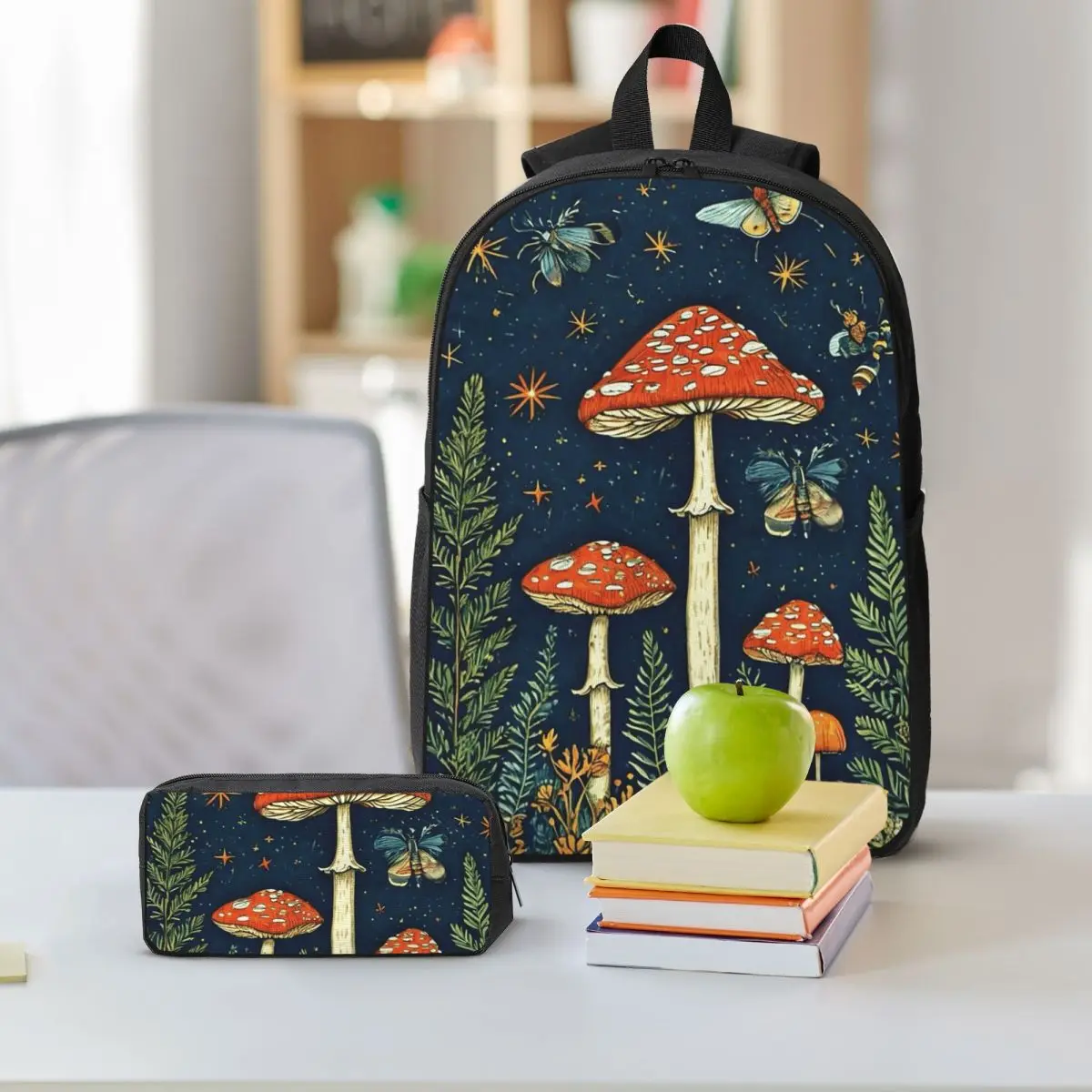 Mushroom Butterfly And Plant Pattern Backpack Boys Girls BookBag School Bag Shoulder Bags 3ps Insulated Lunch Bag Pencil Case