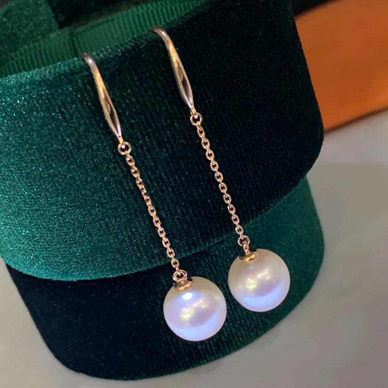 Luxury Jewelry Natural Pearl Long Earrings for Women 18K Thick Gold Setting with 9-10mm High Quality Freshwater Akoya Pearls image 2