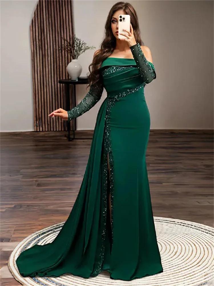 

Elegant Mermaid Sequins Sleeves Evening Dress Side Split Floor Length Prom Dress Customize Special Occasions 2024