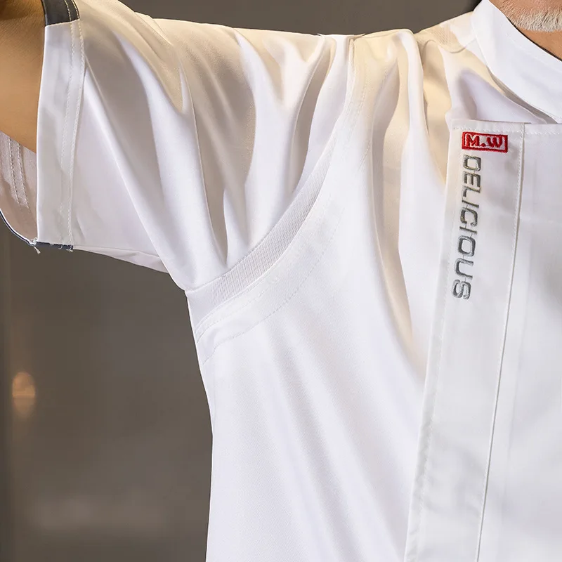 แฟชั่น Chef Overalls แขนสั้นสีขาวสำหรับชายฤดูร้อนบางเชฟร้านอาหารโรงแรม Breathable เสื้อผ้าฤดูร้อนสวมใส่