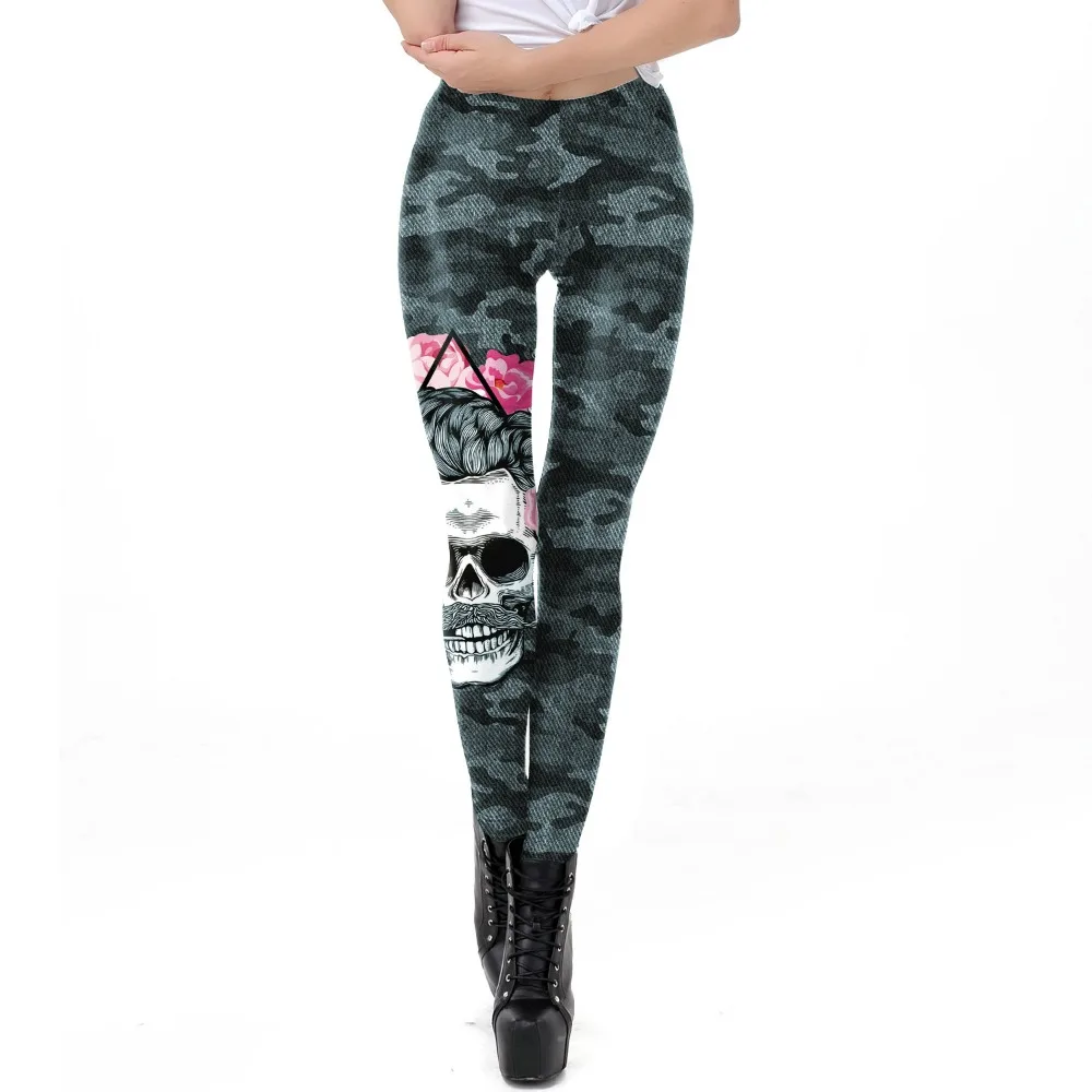 Leggings de camuflagem caveira para mulheres, impresso digital, cintura baixa, calças inferiores, calças femininas, roupas góticas, Halloween