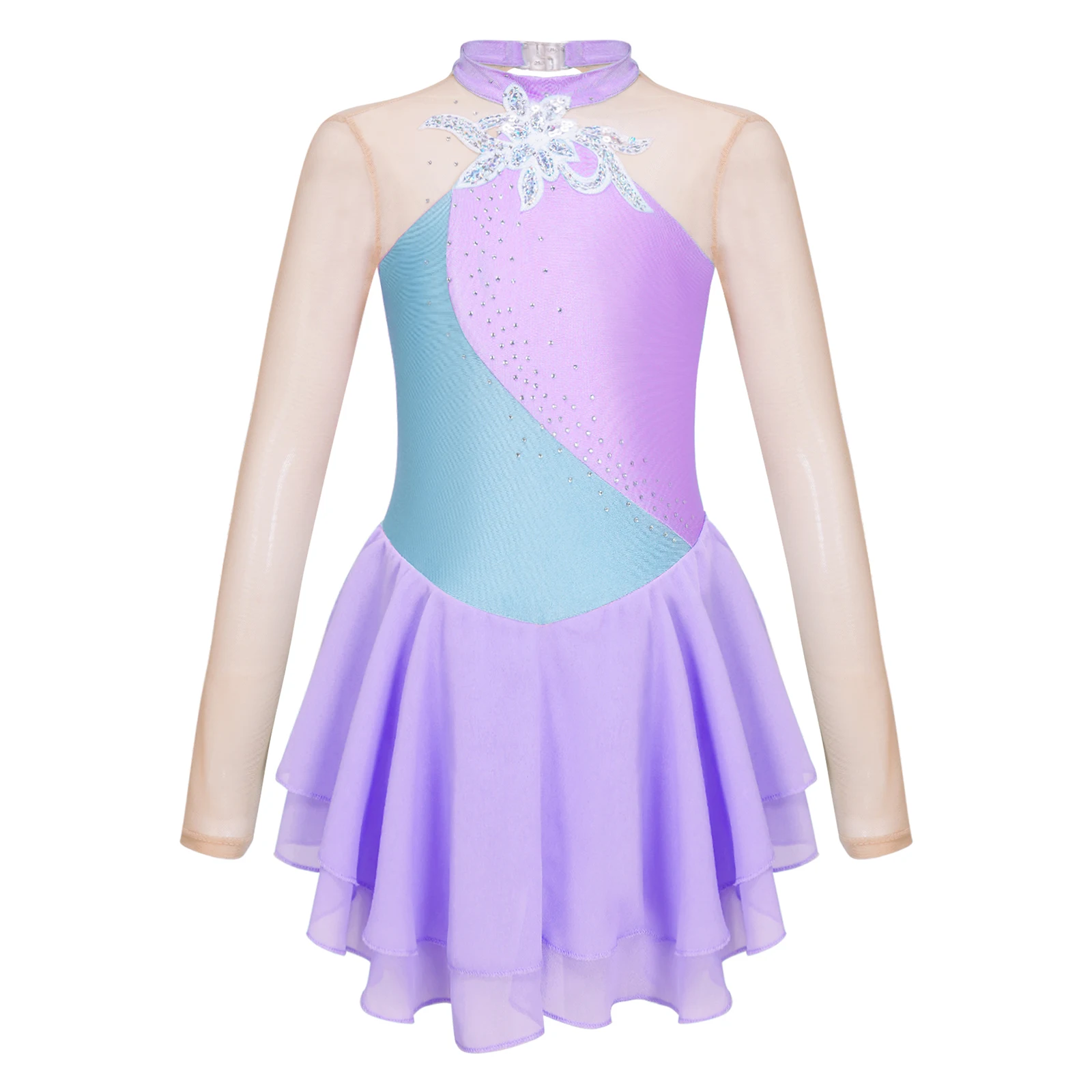 Kids Girls Long Sleeve Ice Figure Skating Dress Shiny Rhinestone Dancewear Sheer Mesh Tutu Ballet Gymnastics Dance Leotard Dress