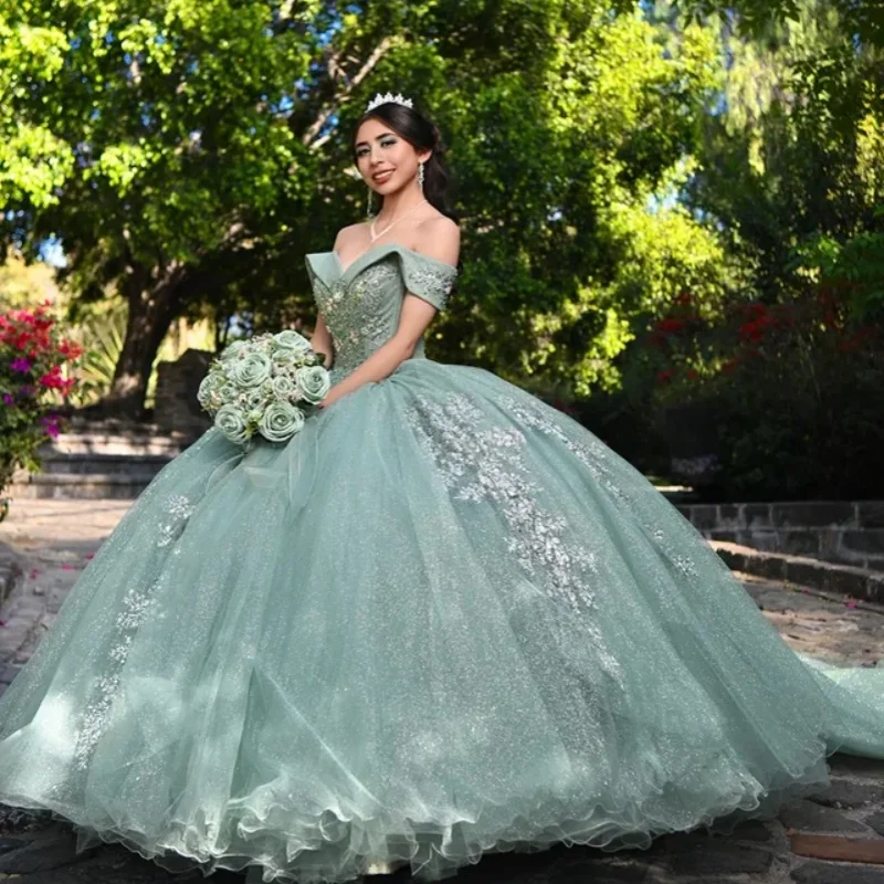 

Shiny Mint Green Quinceanera Dresses Off the Shoulder Glitter Flower Crystal Decal Long tail Vestido 15 Quinceanera Customized