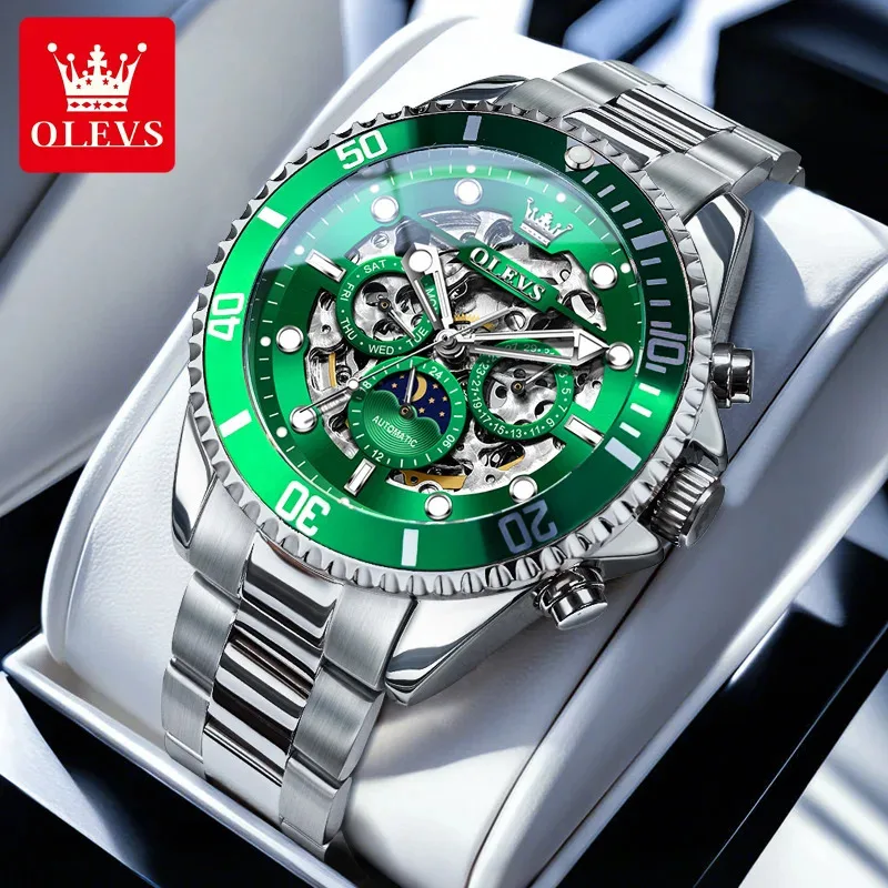 

OLEVS 6715, мужские часы, роскошные оригинальные часы серии для дайвинга, водостойкий хронограф со скелетом, брендовые полностью автоматические механические мужские часы
