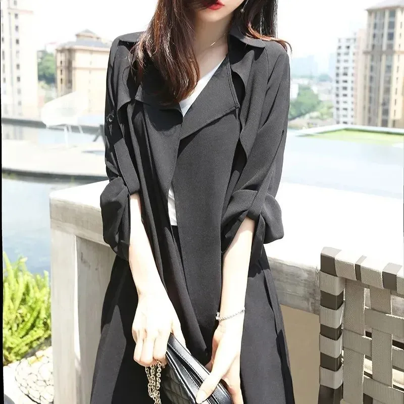 2024 New Spring Autumn Black Windbreaker Women\'s Cardigan Coat Thin Windbreaker Long Fashion Trench Coat Waistband Outwear