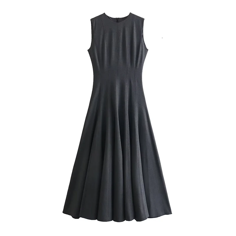 YENKYE Spring 2024 Women Dark Gray Sleeveless Dress O Neck A-line Pleats Sexy Elegant Ladies Long Dresses