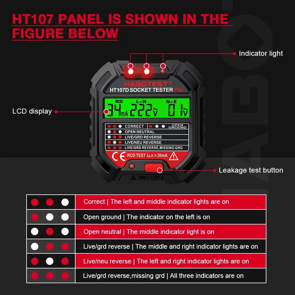 HABOTEST HT107 Pro Steckdose Tester Spannung Test Steckdose Detektor EU Stecker Boden Null Linie Stecker Polarität Phase Check – Detail 5