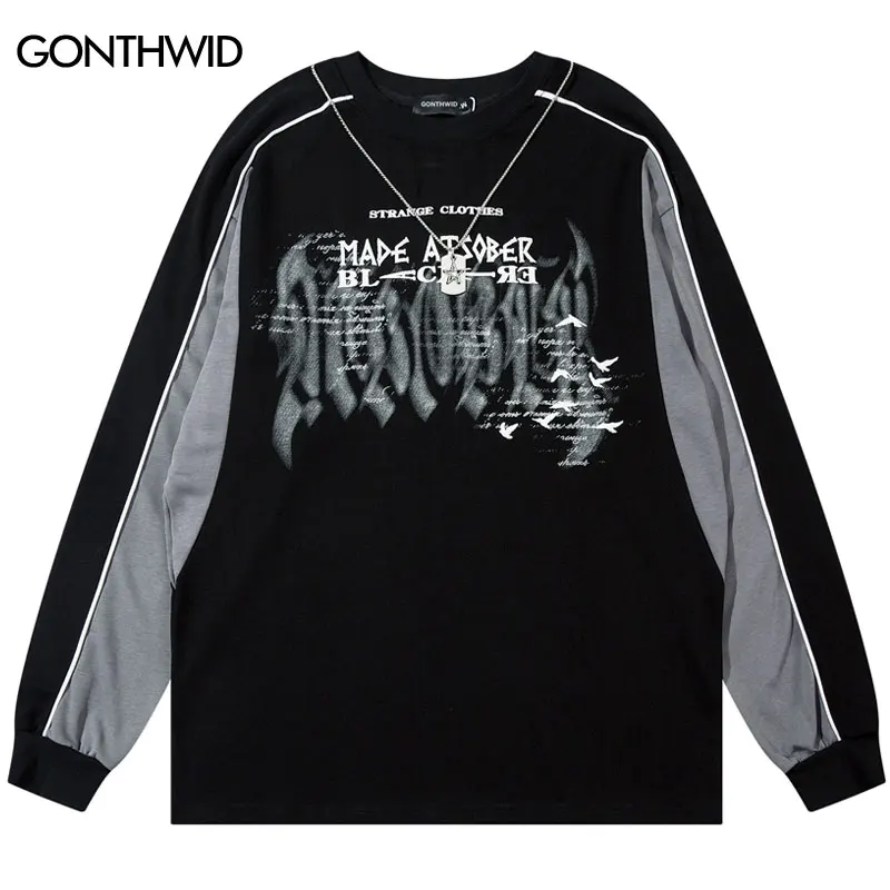 Men T-Shirt with Chain Y2K Graphic Print Patchwork Gothic Long Sleeve Tshirt Streetwear Hip Hop Harajuku Cotton Oversize Tee Top