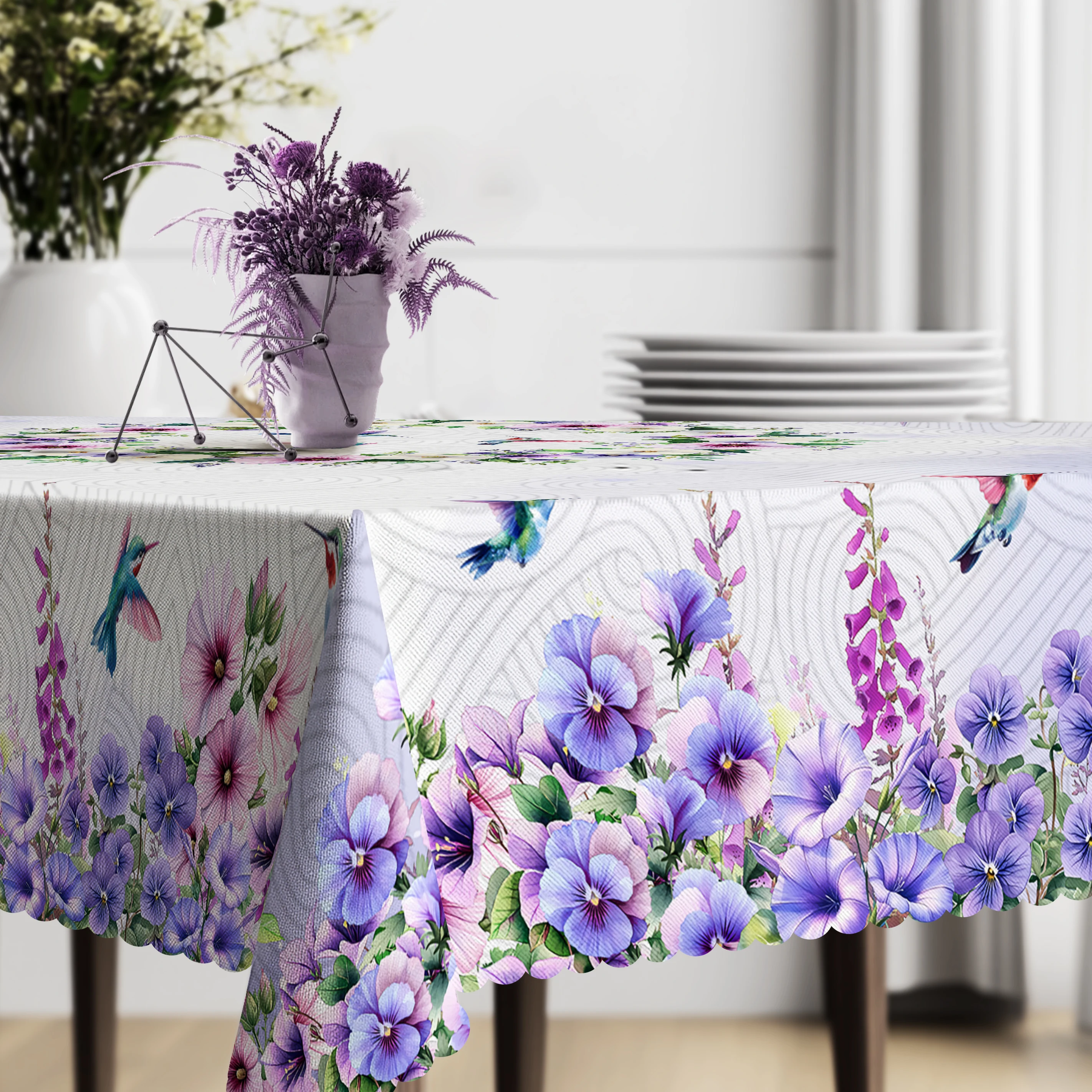 1 Piece, Purple Morning Glory Hummingbird Tablecloth + 4 Tablecloth Stickers, Morning Glory and Hummingbird Pattern Design, Holiday Table Decoration Cloth, Round/Rectangular Tablecloth, Suitable for Home Decoration, Room Decoration, Party Holiday Decoration - Perfect Gift-Oo-011