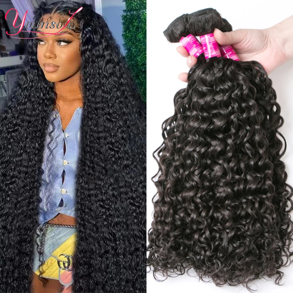 Younsolo Water Curly Bundles 3/4Pcs Brazilian Human Hair Wave Bundles Natural Black For Woman Double Weft Weave Hair Extensions