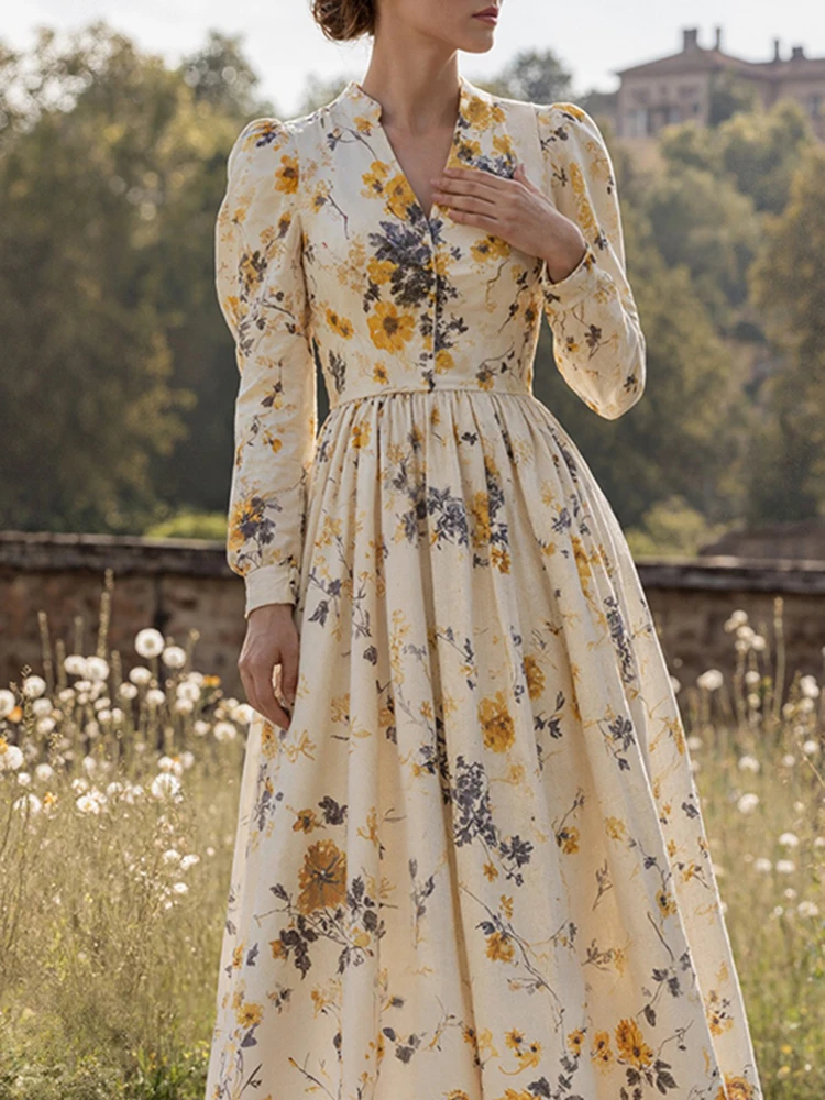 

Элегантное платье с длинными рукавами и v-образным вырезом с цветочным принтом, темпераментное женское плиссированное платье с высокой талией, осенние новые простые вечерние платья макси