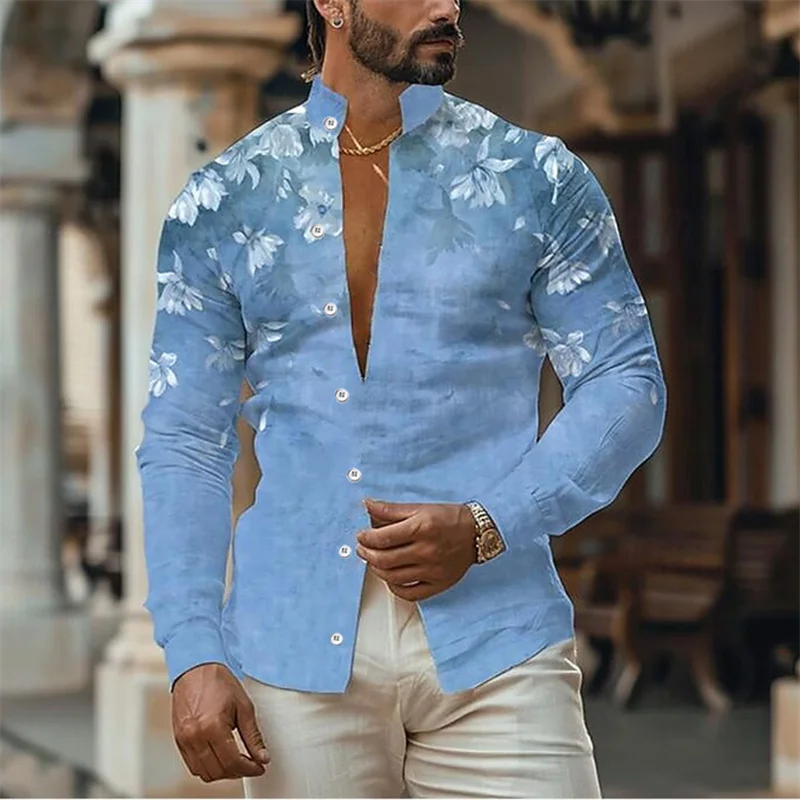 남성 셔츠 인쇄 스탠드 칼라 이슬람 남성 의류 긴 소매 인쇄 의류 의류 패션 디자이너 캐주얼 편안한