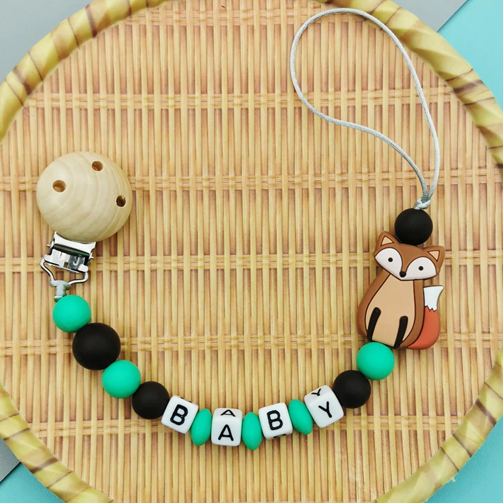 Custom English Russian Acrylic Letter Name Silicone Fox Beads Baby Pacifier Chain Clip Teether Pendant Kawaii Baby Toy Chew Gift