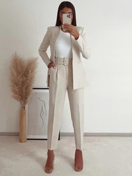 Estate scollo a V maniche lunghe abiti da donna Chic Office Lady abiti formali Casual pantaloni solidi Vintage set due pezzi (Blazer + pantaloni)