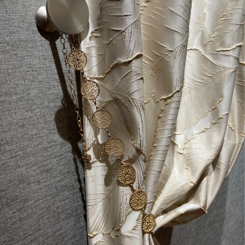 New High-precision Embossed Gold Thread Jacquard Beige Leaf Three-dimensional Curtains for Living Room Bedroom