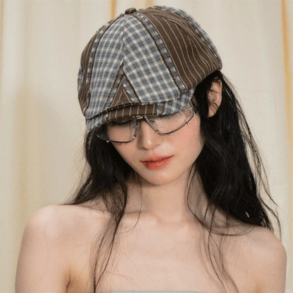 

Vintage Forward Cap Plaid Berets Korean Style Y2k Newsboy Caps Flat Face Slimming Painter Hat Student