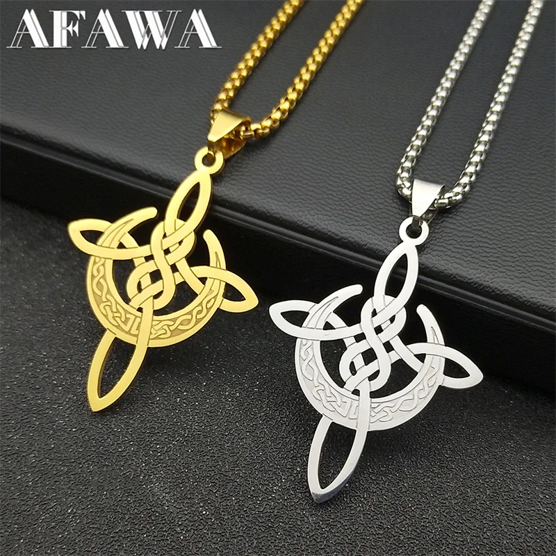 Witch Crescent Moon Knot Pendant Necklace for Women Men Stainless Steel Gold Color Irish Celtic Knot Chain Jewelry NZZZ790S02 - view 2
